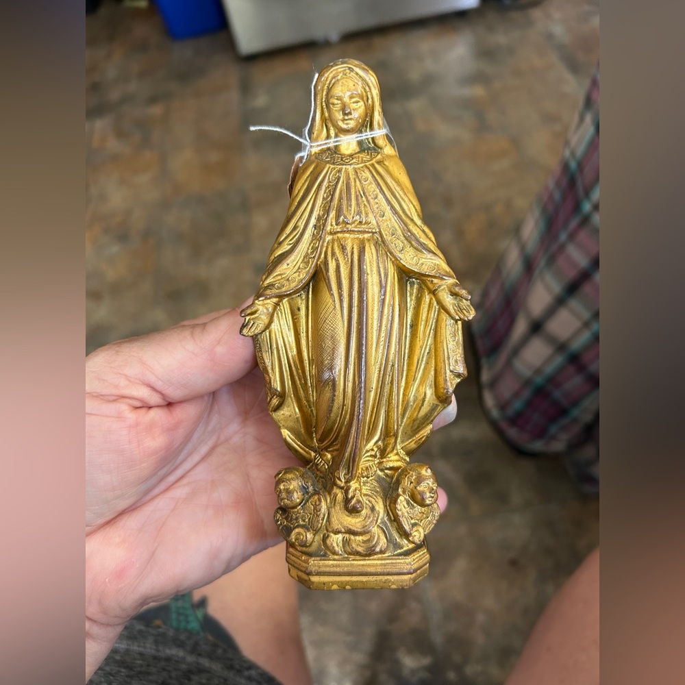 Vintage lady of Lourdes Mary ,religious statue with cherub angels on base